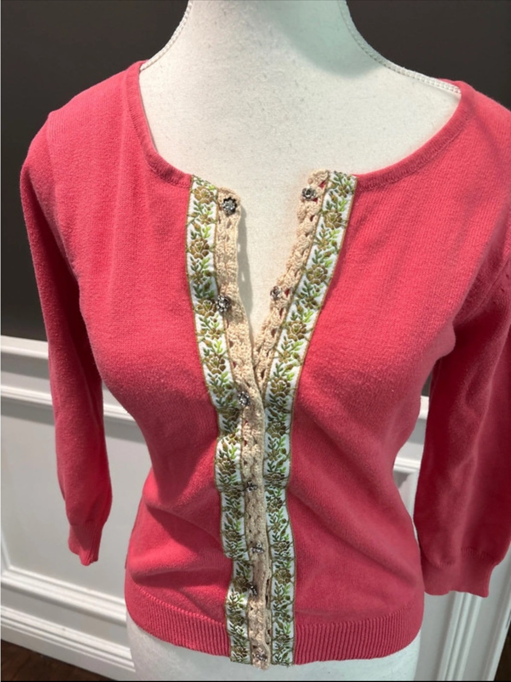 Free People Coral Embroidered Trim V-Neck Sweater